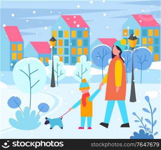 Mother and child walking with pet on leash. Evening cityscape with buildings exteriors. Facade of homes at street with lantern lights. Mom and son with dog. Owners of puppy in clothes. Vector in flat. Mom and Kid Walking Dog on Leash in Evening City