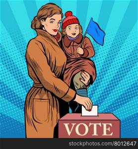 Mother and child women vote in elections pop art retro style. Politics and elections. The Womans Voice. The state and voters. Mother and child women vote in elections