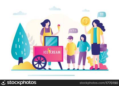 Mother and children buy ice cream. Saleswoman selling dessert for people. Local small business, Takeaway trading. Businesswoman with ice cream cart with and customers in park. Vector illustration. Mother and children buy ice cream. Saleswoman selling dessert for people. Local small business, Takeaway trading.
