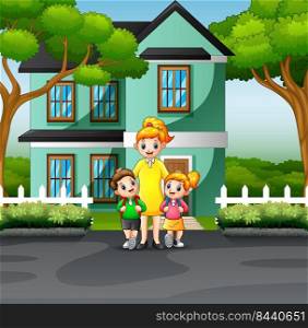 Mother and children in front a house 
