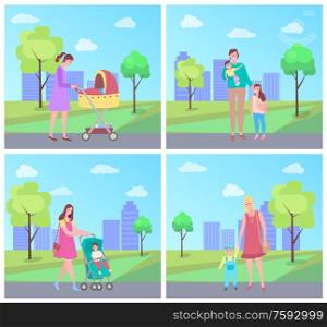 Mother and children vector, baby sitting in perambulator, family day. City park with trees and green lawns, lady with daughter and toddler learning to walk. Mother Walking with Kid, Newborn Child in Pram
