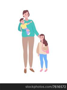 Mother and children vector, isolated woman walking with kids, son and daughter of mommy flat style. People strolling calmly, boy and girl with mom. Caring Mother with Son Daughter Walking Together