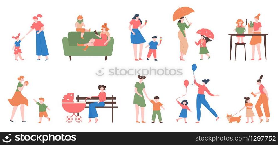 Mother and children. Young happy mom and kids, daughter and son, playing, reading and cooking together, motherhood love vector illustration set. Motherhood daughter, woman child happiness together. Mother and children. Young happy mom and kids, daughter and son, playing, reading and cooking together, motherhood love vector illustration set