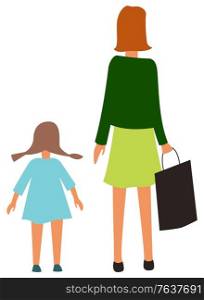 Mother and daughter back view isolated cartoon people. Vector mom and girl with pigtails, happy family at marketplace. Kindergarten child and adult woman. Mother Daughter Back View Isolated Cartoon People