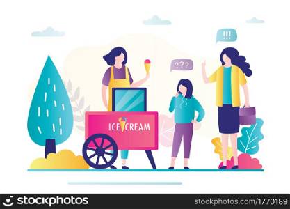Mother and daughter buy ice cream . Saleswoman selling dessert for people. Local small business, Takeaway trading. Businesswoman with ice cream cart with and customers in park.Flat vector illustration. Mother and daughter buy ice cream . Saleswoman selling dessert for people. Local small business, Takeaway trading.