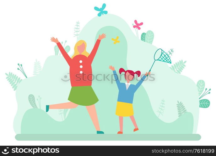 Mother and daughter catching butterflies in net isolated cartoon style happy people. Vector mom and girl spend time together, leisure and pastime on nature. Mother and Daughter Catching Butterflies in Net