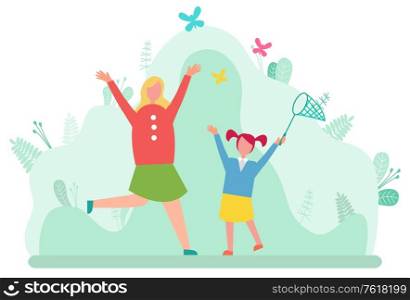Mother and daughter catching butterflies in net isolated cartoon style happy people. Vector mom and girl spend time together, leisure and pastime on nature. Mother and Daughter Catching Butterflies in Net