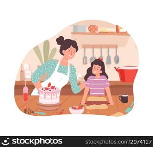 Mother and daughter cooking. Family time, happy woman and girl bake birthday cake vector concept. Illustration childhood holiday, preparation celebration, bake sweet cake. Mother and daughter cooking. Family time, happy woman and girl bake birthday cake vector concept