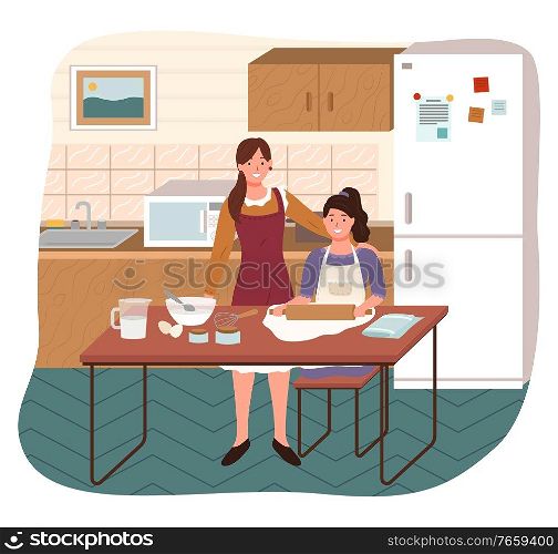 Mother and daughter cooking in kitchen at home. Woman and children in apron rolling dough on table near refrigeration. Happy parent and little girl preparing bakery food for dinner indoor vector. Mom and Daughter Rolling Dough in Kitchen Vector