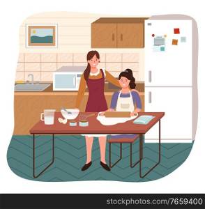 Mother and daughter cooking in kitchen at home. Woman and children in apron rolling dough on table near refrigeration. Happy parent and little girl preparing bakery food for dinner indoor vector. Mom and Daughter Rolling Dough in Kitchen Vector