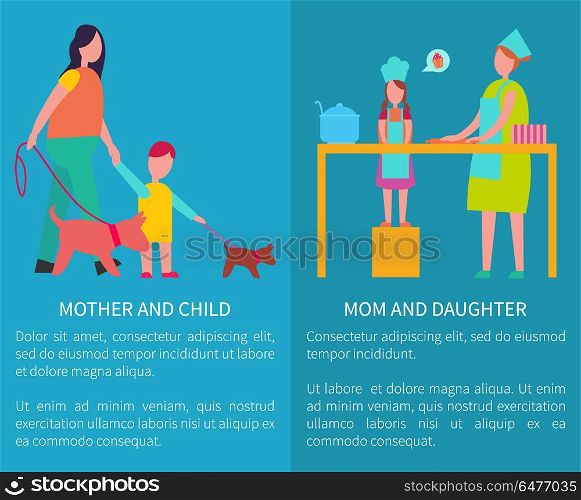 Mother and Daughter Cooking Isolated Illustration. Mom and daughter, mother with child vector posters on blue background with text and girl in apron cooking cake, walking with pet illustrations