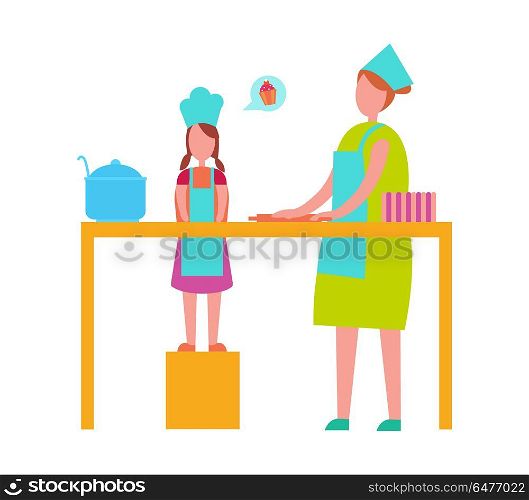 Mother and Daughter Cooking Isolated Illustration. Mother and young daughter in toque blanches and aprons cooking isolated vector illustration. Loving parent and teenage child preparing food together