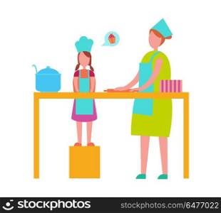 Mother and Daughter Cooking Isolated Illustration. Mother and young daughter in toque blanches and aprons cooking isolated vector illustration. Loving parent and teenage child preparing food together