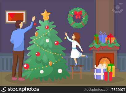 Mother and daughter decorating fir-tree with ball and star. People preparation for Christmas with present box near fireplace. Mom and child standing near traditional Xmas tree and fir-wreath vector. Family Preparation for Christmas at Home Vector