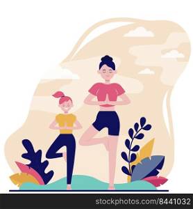 Mother and daughter doing fitness outdoors flat vector illustration. Cartoon female characters training healthy exercise in park. Sport workout and leisure concept