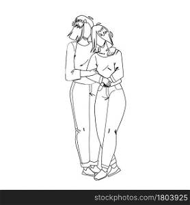 Mother And Daughter Embracing Together Black Line Pencil Drawing Vector. Mother And Daughter Hugging With Love, Family Harmony And Motherhood. Characters Mommy And Girl Relationship Illustration. Mother And Daughter Embracing Together Vector