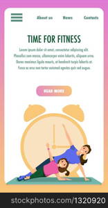 Mother and Daughter Engaged Fitness Sport Training. Vertical Banner Image Time for Fitness. Happy Smiling Woman and Child Yoga Pose against Background Silhouette Big Clock. Healthy Family Lifestyle