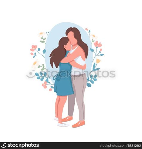 Mother and daughter flat concept vector illustration. Parent embrace teenage kid. Motherhood, parenthood. Happy family 2D cartoon characters for web design. Relatives creative idea. Mother and daughter flat concept vector illustration