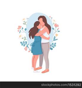 Mother and daughter flat concept vector illustration. Parent embrace teenage kid. Motherhood, parenthood. Happy family 2D cartoon characters for web design. Relatives creative idea. Mother and daughter flat concept vector illustration