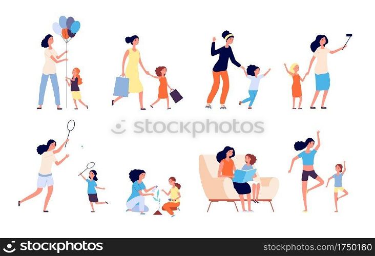 Mother and daughter. Happy mom spend time with kid. Woman and girl play, read and games sport, doing yoga. Motherhood isolated vector set. Illustration mother with daughter, happy woman together child. Mother and daughter. Happy mom spend time with kid. Woman and girl play, read and games sport, doing yoga. Motherhood isolated vector set