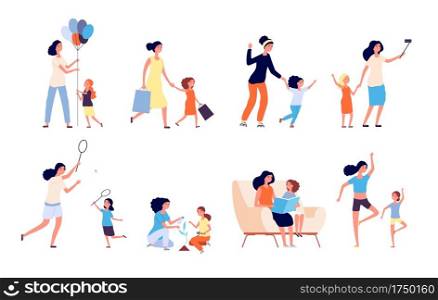 Mother and daughter. Happy mom spend time with kid. Woman and girl play, read and games sport, doing yoga. Motherhood isolated vector set. Illustration mother with daughter, happy woman together child. Mother and daughter. Happy mom spend time with kid. Woman and girl play, read and games sport, doing yoga. Motherhood isolated vector set