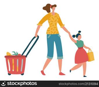 Mother and daughter in supermarket together. Woman with shopping cart holding child hand isolated on white background. Mother and daughter in supermarket together. Woman with shopping cart holding child hand