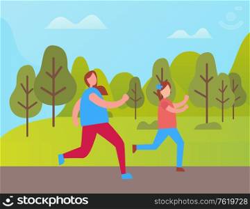Mother and daughter jogging in green park vector cartoon characters. Sportive family, joggers running among trees and bushes, active way of life at spring. Mother and Daughter Jogging in Green Park Vector