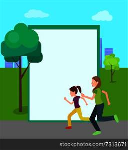 Mother and daughter jogging together vector frame for text city pak on backdrop. Mom and girl in sport apparel running, active healthy lifestyle concept. Mother and Daughter Run Jogging Together Vector