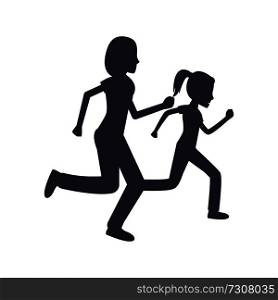 Mother and daughter jogging together vector illustration black silhouettes. Mom and girl in sport apparel running, active healthy lifestyle concept. Mother and Daughter Run Jogging Together Vector