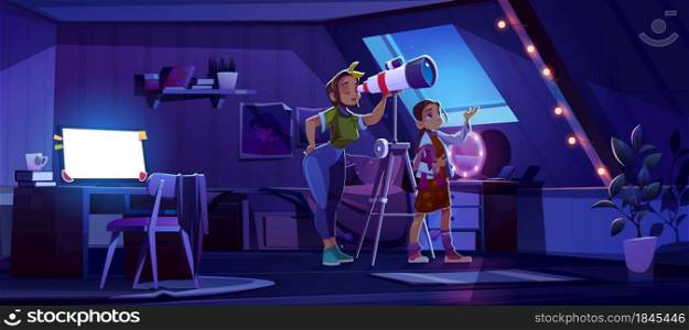 Mother and daughter look in telescope from attic room, young girl with mom explore moon and stars on dark night sky. Astronomy science learning, space exploration hobby, Cartoon vector illustration. Mother and daughter look in telescope from attic