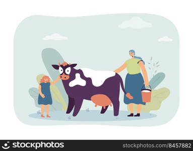 Mother and daughter milking cow. Woman with bucket of milk, girl stroking domestic animal with udder flat vector illustration. Agriculture, dairy concept for banner, website design or landing web page