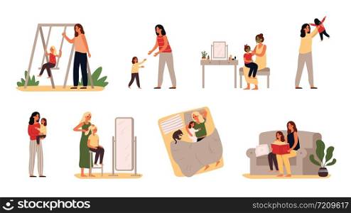 Mother and daughter. Motherhood love, daughters raising and little girl with mom. Mommy caring child, motherhood love or parenting lifestyle. Isolated vector illustration icons set. Mother and daughter. Motherhood love, daughters raising and little girl with mom vector illustration