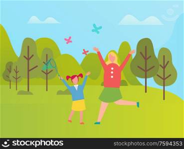 Mother and daughter on lawn catching butterflies in green park. Happy woman and girl spend time together outdoors, green trees and bushes, spring time. Mother and Daughter on Lawn Catching Butterflies