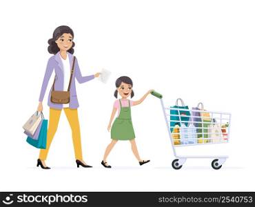 Mother and daughter on shopping. Girl drives a full grocery cart. Vector illustration