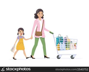 Mother and daughter on shopping with a full grocery cart. Vector illustration