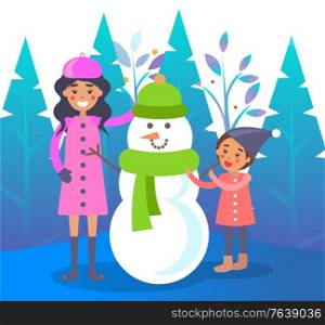 Mother and daughter or son making vector snowman together. Family walking in winter snowy park or lawn. People in warm clothes like hat and scarf. Parent and kid actively spend time on holidays. Mother and Kid Making Snowman in Winter Forest