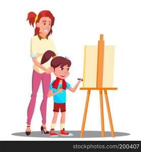 Mother And Daughter Painting On The Easel Vector. Illustration. Mother And Daughter Painting On The Easel Vector. Isolated Illustration