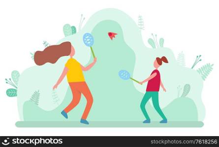 Mother and daughter playing badminton isolated on blurred background with green leaves and bushes. Vector mom and girl play rocket and ball game, cartoon style. Mother and Daughter Playing Badminton Isolated