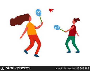 Mother and daughter playing badminton isolated vector illustration on white. Middle-aged female parent and her teenage child spending time outside. Mother and Daughter Playing Badminton Illustration