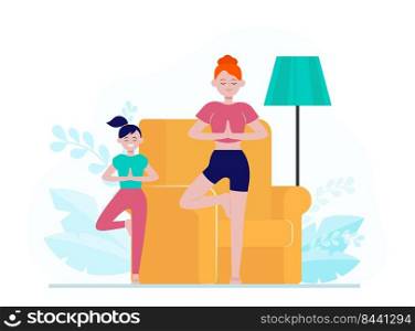 Mother and daughter practicing yoga at home. Woman and girl standing in tree pose flat vector illustration. Meditation, family activity concept for banner, website design or landing web page