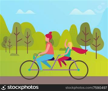 Mother and daughter riding on double bike. Family woman and girl on bicycle in park with green trees and bushes, tandem travel of cyclists, vector cartoon people. Mother and Daughter Riding on Double Bike. Family