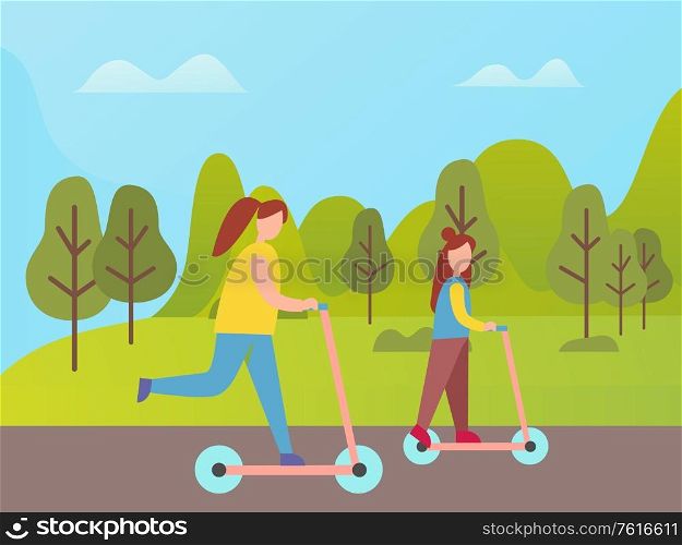 Mother and daughter riding on scooter vector cartoon style people. Woman and girl in park among green trees on footboard on two wheels, recreation outdoors. Mother and Daughter Riding on Scooter Vector Park