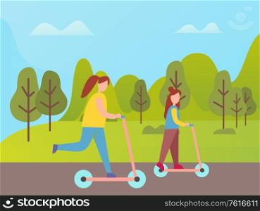 Mother and daughter riding on scooter vector cartoon style people. Woman and girl in park among green trees on footboard on two wheels, recreation outdoors. Mother and Daughter Riding on Scooter Vector Park