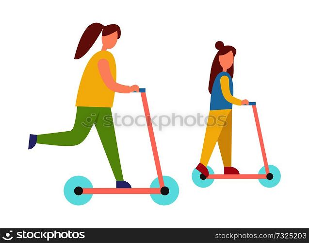 Mother and daughter riding pink kick scooters isolated vector illustration on white. Female parent and young child spending their free time actively. Mother and Daughter Riding Scooters Illustration