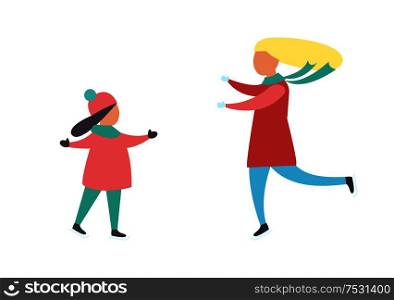 Mother and daughter running to each other in warm cloth vector isolated characters. Woman and girls stretches hands to each other, people at winter time. Mother and Daughter Running to Each Other Vector