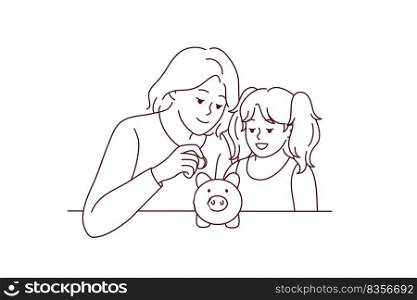 Mother and daughter saving money in piggybank. Mom and girl child put coin in piggy bank make financial investment for future. Banking. Vector illustration.. Mother and daughter put coin in piggybank