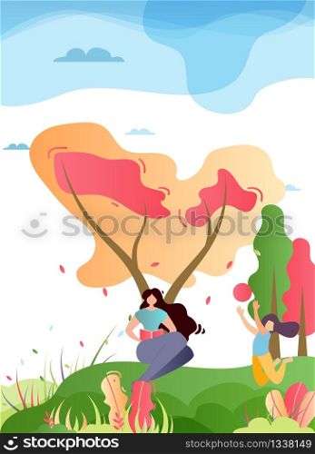 Mother and Daughter Spending Time in Park Cartoon. Motivation Vertical Banner or Mobile Ads Template. Female Parent Reading Book while Girl Playing Ball. Vector Flat Natural Illustration. Mother and Daughter Spending Time in Park Cartoon