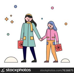 Mother and daughter strolling in city park in winter. Woman with her child walking in warm clothes like overcoat, scarf and hat. Vector snowflakes falling on ground, snowy weather illustration. Mother and Daughter Walking in City Park Together