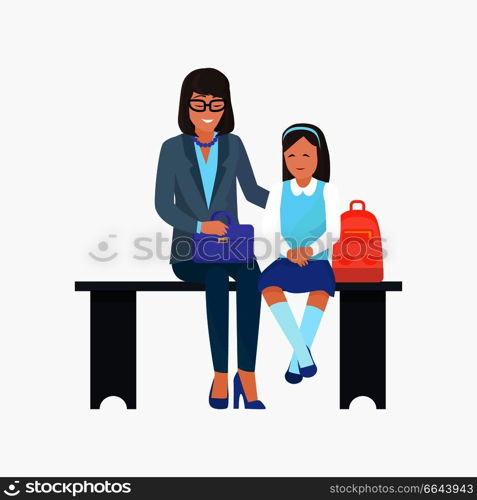 Mother and daughter waiting on bench isolated on white background. Vector illustration with woman with purse and girl with school bag. Mother and Daughter with Bag Vector Illustration