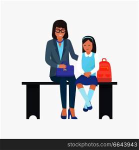 Mother and daughter waiting on bench isolated on white background. Vector illustration with woman with purse and girl with school bag. Mother and Daughter with Bag Vector Illustration